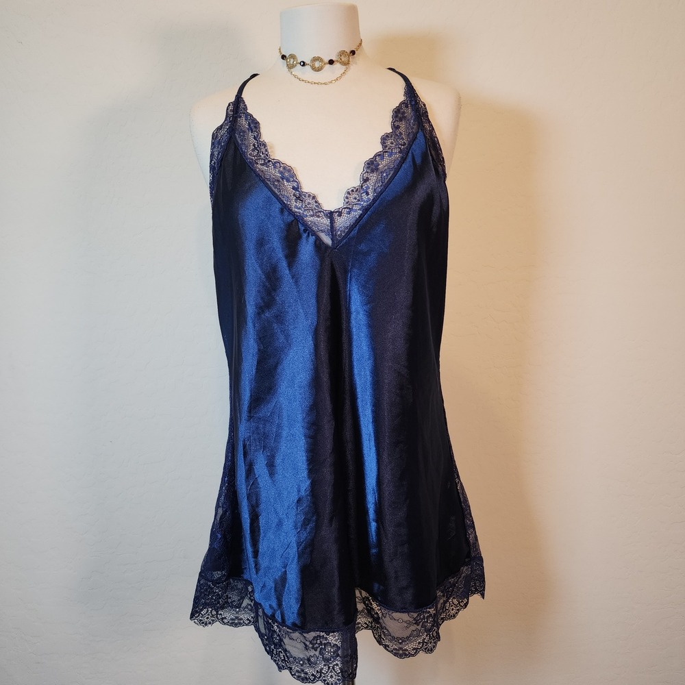 Blue Lace Trim Satin Chemise Sleeveless Nightgown Lingerie‎ Sleepwear